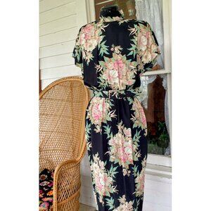 Vintage 80's Rayon Floral Dress Matching Belt Black Size 8